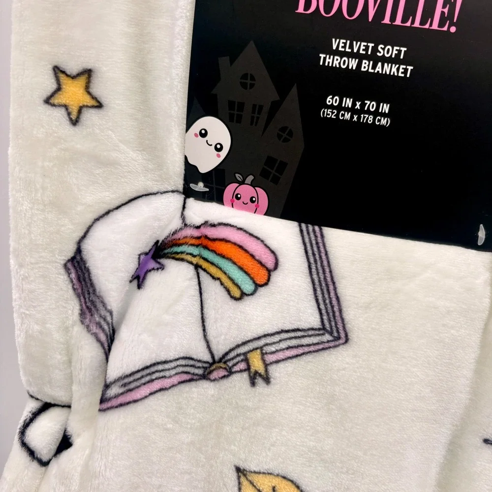 Booville! Halloween Velvet Soft Throw Blanket Ghost Bookworm Rainbow Bibliophile